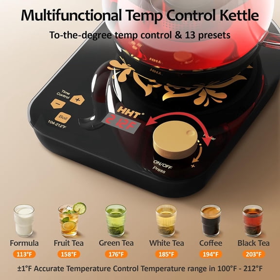 Electric Tea Maker with Infuser, ±1 ℉ Precise Temperature Control, Glass Kettle for Herbal Fruit Tea, Auto Shut-Off Warm 0.8L Black