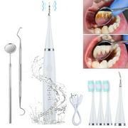Electric Teeth Cleaning Kit , IPX7 Waterproof Ultrasonic Teeth Cleaner with LED Light 3 Adjustable Modes 3 Replacement Heads 1 Oral Mirror for Tartar Plaque Remover Tartar- White.