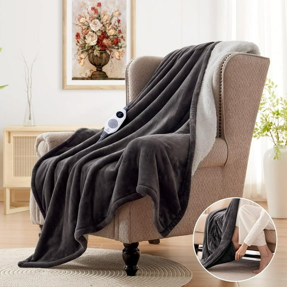 Electric Throw Blanket with Foot Pocket for Adults, Soft Flannel to Sherpa Heated Throw with 6 Heating Levels & 2-10 Hours Time Settings, Fast Heating & Machine Washable, 50x62, Beige