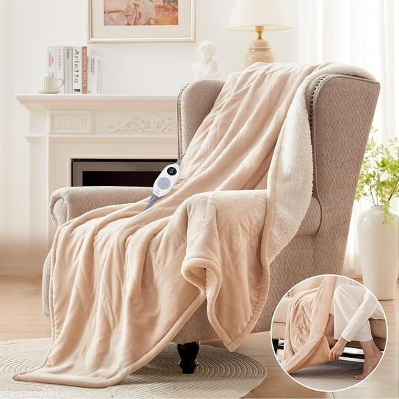 Electric Throw Blanket with Foot Pocket for Adults, Soft Flannel to Sherpa Heated Throw with 6 Heating Levels & 2-10 Hours Time Settings, Fast Heating & Machine Washable, 50x62, Beige