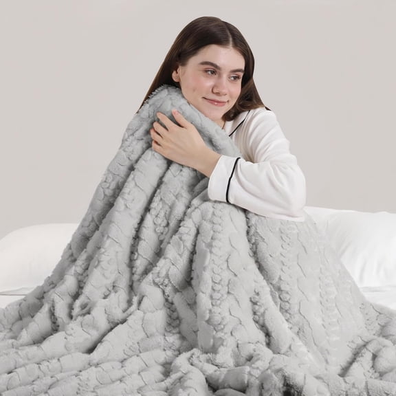 Electric Throw Heated Blanket, Luxury Faux Fux Throw Heated Blanket, 3D Braided Thick Rabbit Faux Fur Fluffy Heating Blanket with 5 Heating Levels & 4 Hours Auto Off, 50" x 60" Light Gray