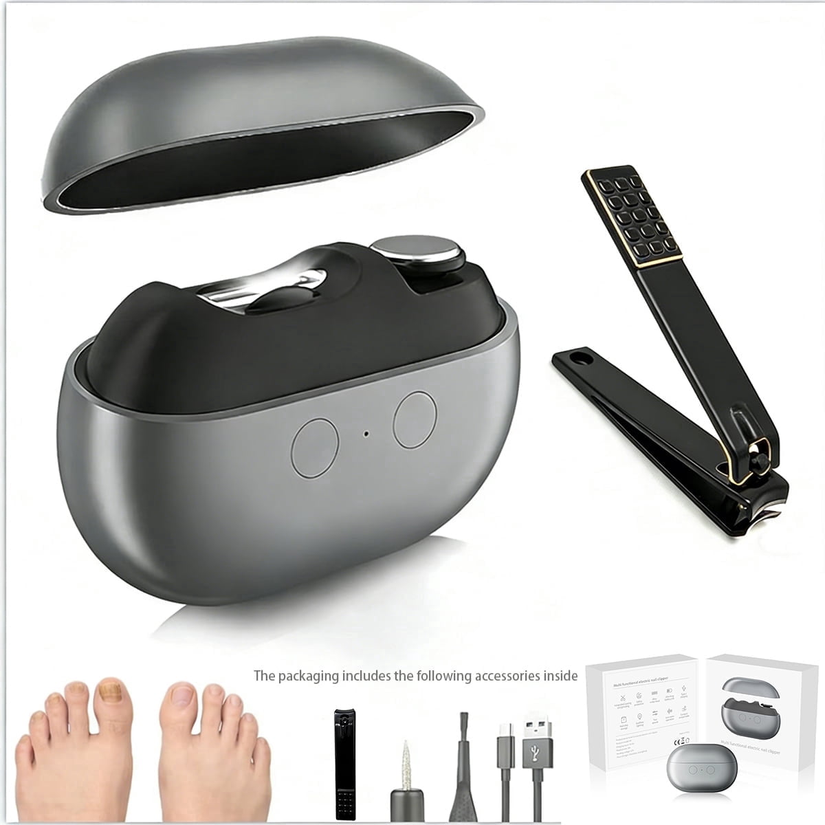 Electric Toenail Clipper for the Elderly – 2026 New 3-in-1 Electric Automatic Nail Trimmer and Polisher with LED Light, USB Charging, and Manual Nail Clippers