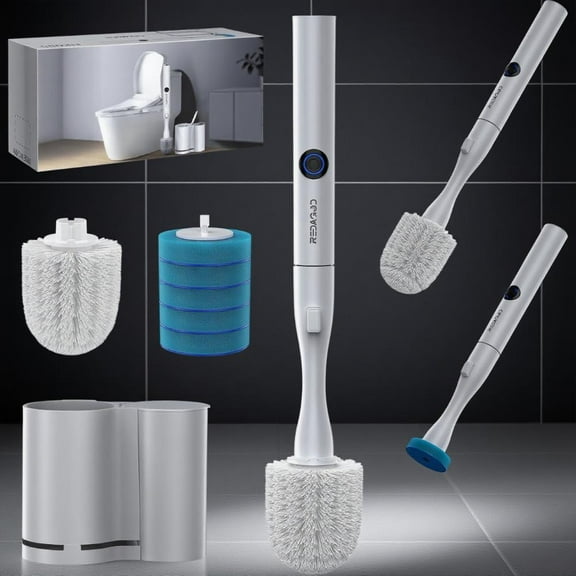 Electric Toilet Brush and Holder Set, Rechargeable Multi-function Toilet Bowl Cleaner with Solid Handle & Durable Bristles, Easy Deep Cleaning for Bathroom, 5 Disposable Refill Brushes