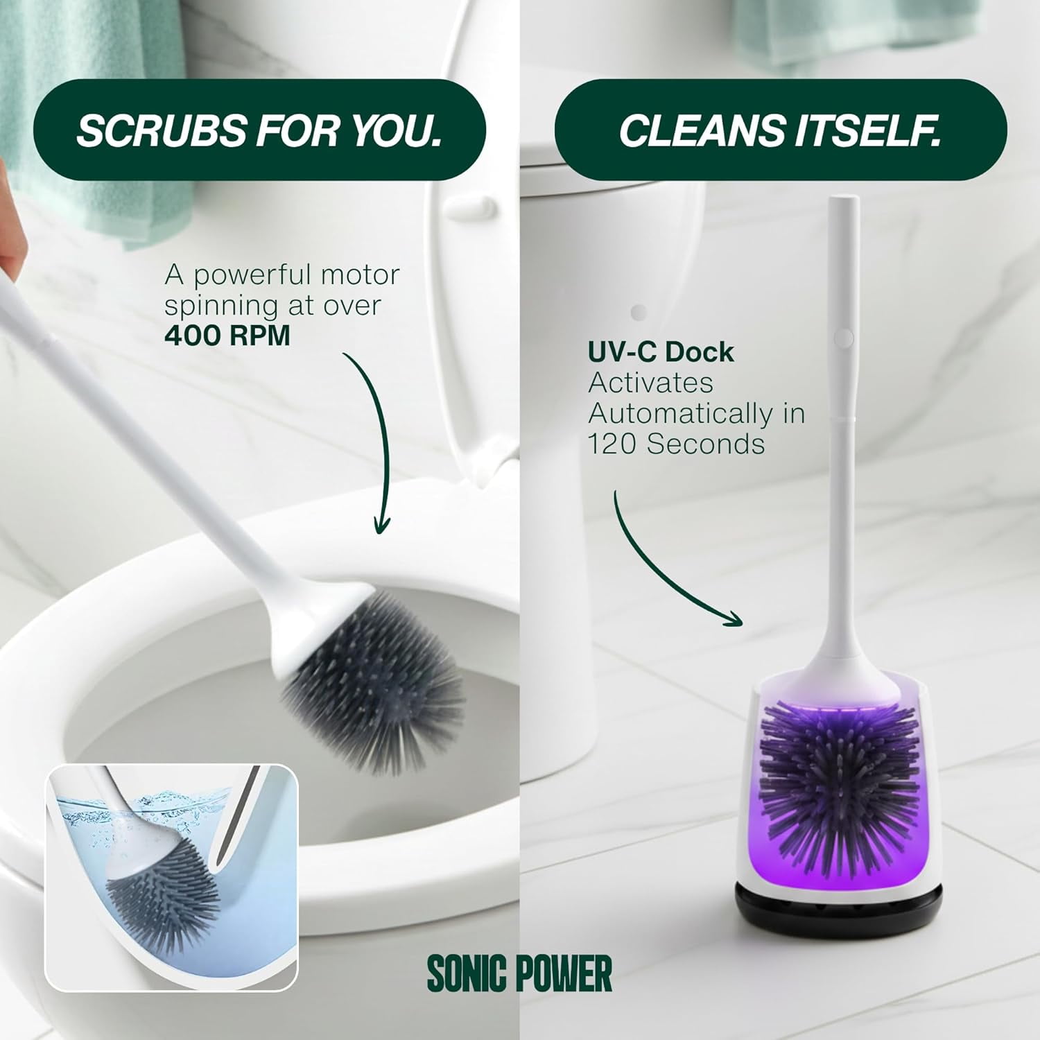 Electric Toilet Brush & Scrubber – Self Cleaning Silicone Bowl Cleaner with UVC Light, Rechargeable Wireless Spinning Set for Deep Clean