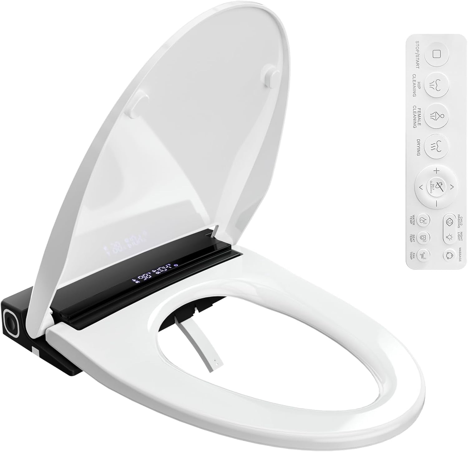 Smart Toilet Seat Elongated - Heated Bidet Seat With Warm Water Wash, Air Dryer, Wireless Remote & Night Light