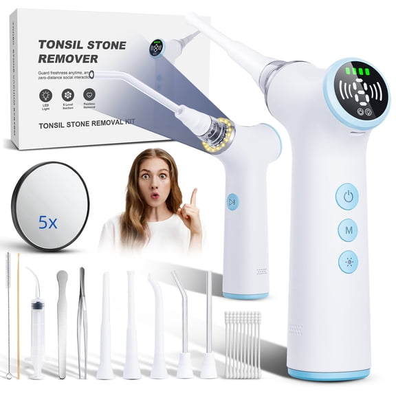 Electric Tonsil Stone Remover Vacuum 8 Suction Levels with LED Light, Safety Pause Button & Oral Protection | High-Precision Tonsil Stone Removal Kit with 13 Attachments for Painless Cleaning