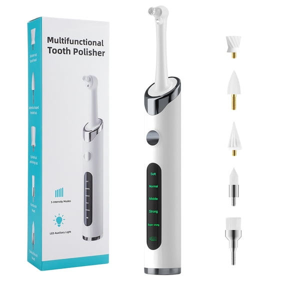 Electric Tooth Polisher with 5 Modes & LED Light - Rechargeable Teeth Cleaning Kit for Stain Removal and Whitening, 5 Interchangeable Heads, LCD Screen, 1200mAh Battery, White