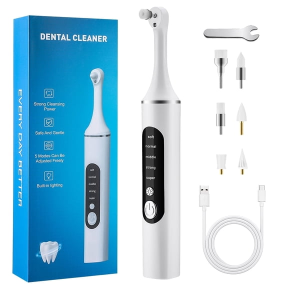 Electric Tooth Polisher, Teeth Whitening Cleaner, Plaque Dental Tartar Remover with 5 Speed Modes with 6 Brush Heads, LED Light, 10min Auto Shut Off, Rechargeable Teeth Cleaning Kit for Teeth Health