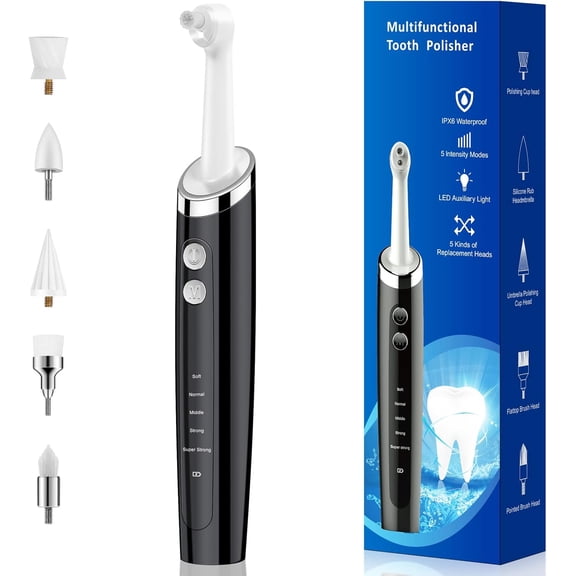 Electric Tooth Polisher for Teeth Whitening and Plaque Removal, Rechargeable Dental Polishing Tool with LED Light, 5 Brush Heads & 5 Speed Modes IPX7 Waterproof Home Oral Care Kit