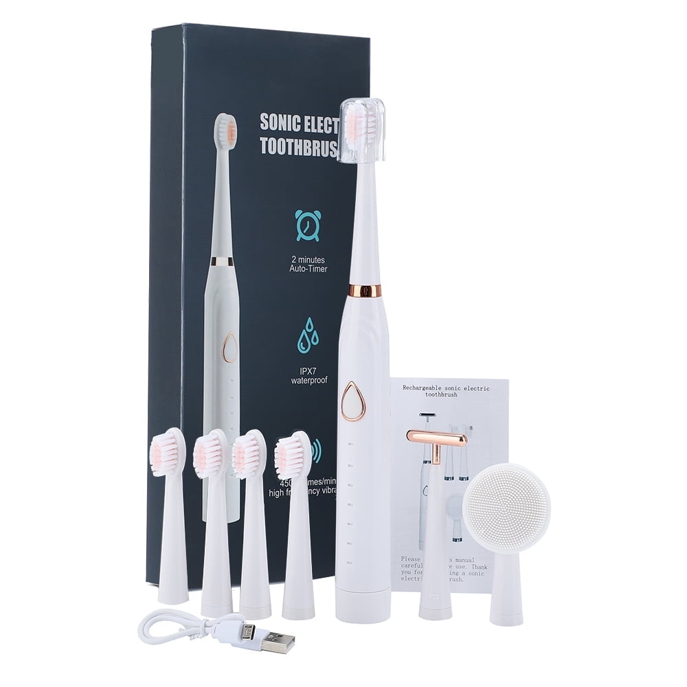 Electric Toothbrush for Adults and Kids,Rechargeable Power Toothbrush with 5 Brush Heads,6-Mode 7-in-1 Electric Toothbrush Set, Wireless Charging IPX7 Waterproof Tooth Brush,White