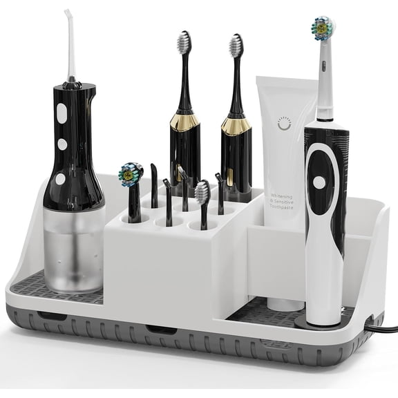 Electric Toothbrush Holders with Cord Slots: Detachable Toothbrush and Toothpaste Holders, Large Tooth Brush Storage Caddy Set Drainage, Anti-Slip Bathroom Counter Organizer for Family, Kids