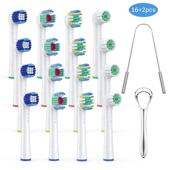 Electric Toothbrush Replacement Heads Compatible with Oral B, 4 Types ,16 Pack + 2 Pack Tongue Scraper