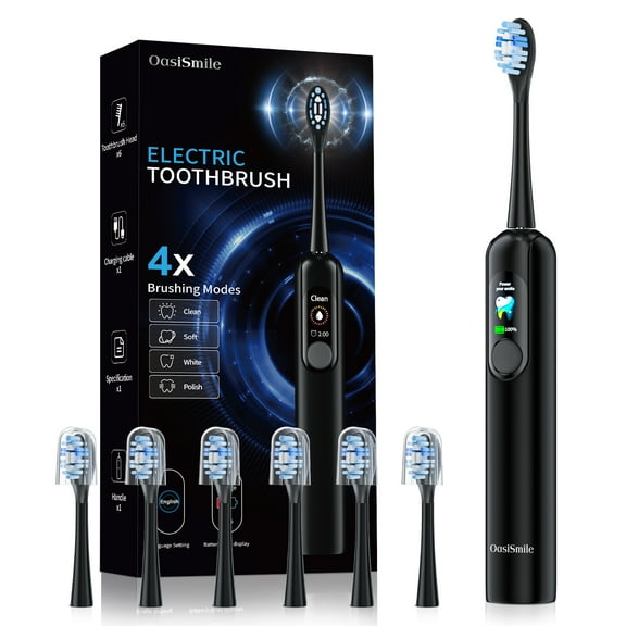 OasiSmile Sonic Electric Toothbrush for Adults with Smart Display, 6 Soft Rubber Wrap Brush Heads, 90-Day Battery Life, 2-Min Timer 4 Modes Travel Rechargeable Tooth Brush, Black