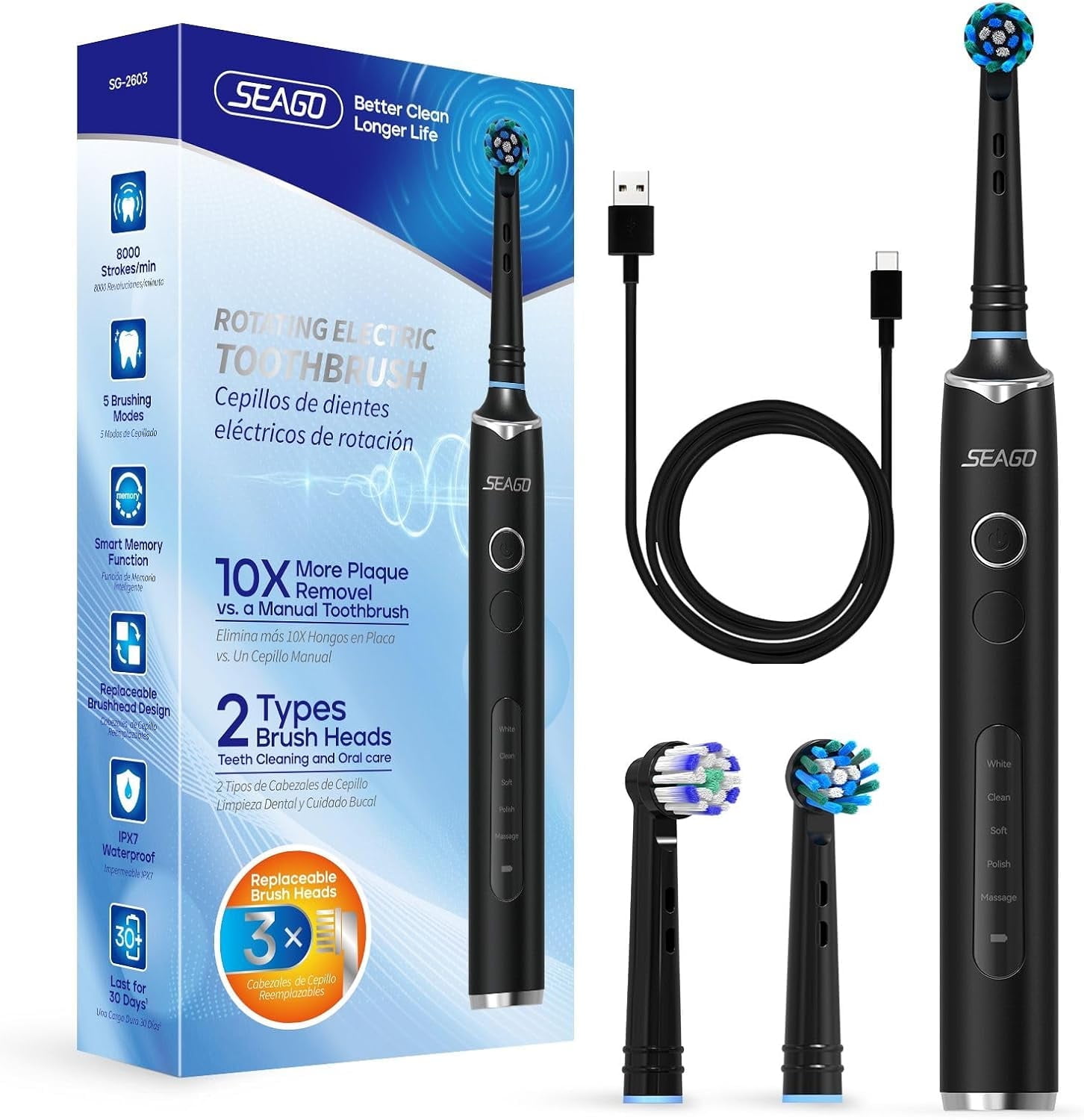 Electric Toothbrush with 3 Brush Heads, 5 Modes Rechargeable Toothbrush Waterproof