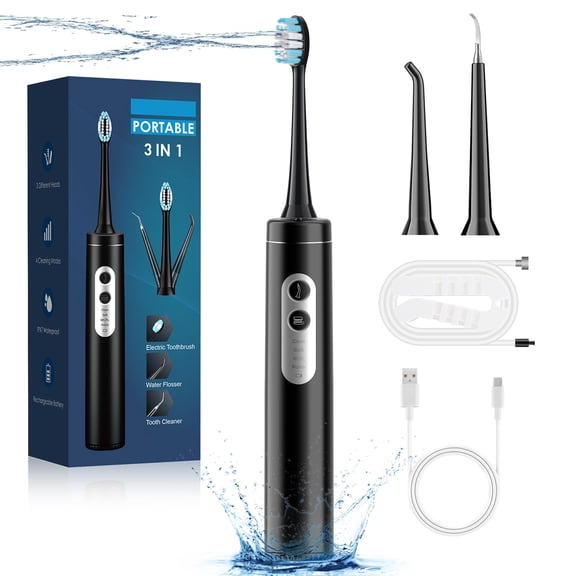 Electric Toothbrush with Water Flosser, 3-in-1 Sonic Flossing Toothbrush with 6 Modes, Teeth Cleaning Kit for Adults Teeth Cleaning and Plaque Removal (Black)