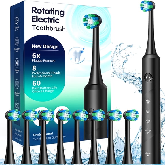 Rotating Electric Toothbrush for Adults, Quiet Rechargeable Toothbrush with 4 Cleaning Modes, Timer and Brush Heads, Black