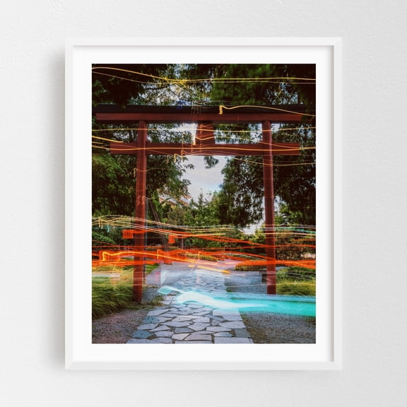 Electric Torii Passage - Athens Greece Photography Abstract Garden Mystical Nightlife White Framed Wall Art Print 16 x 20 inches