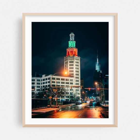 The Electric Tower, Buffalo - Buffalo New York Photography Cityscape Architecture Nightlife Street Photography Art Deco Winter Skyline Oak Framed Wall Art Print 12 x 16 inches