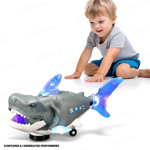 Electric Toy Shark Tummy Time for 6-12 Months, Musical Shark Crawling Toys for Boys Girls Christmas Birthday Gifts-Gray