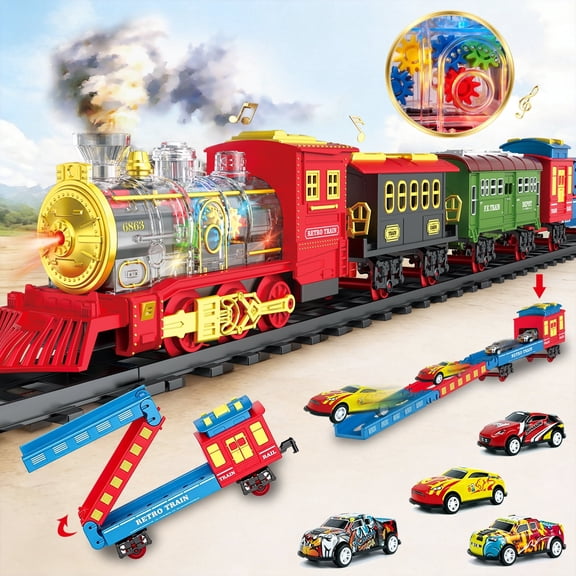 BUBUQE Electric Train Set Christmas Train Toys for Boys with Smokes, Lights and Sound (on/off) Under Christmas Tree for Kids Girls