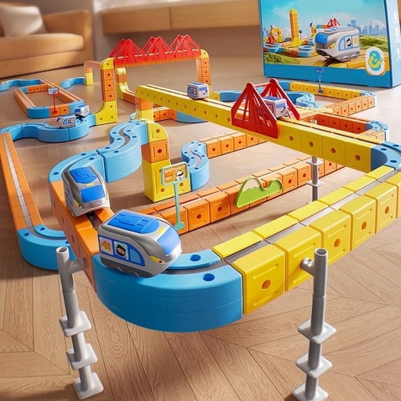 Electric Train Set Flexible Race Track, Flexible Magnetic Train Track with Electric Trains, Gravity-Defying Building Car Tracks for Adult, DIY Embedded Layouts Traffic Signs Gift(65set)