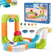 Carsky 93PCS City Rail Car Track Set with Electric Rail Cars, DIY Magnetic Track Pieces, Loop Track, Wall Track Option, Traffic Signs and Indoor Activity Gift Set for Kids 3 plus
