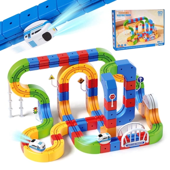 Electric Train Set for Kids, 173PCS 3D Cube Track-DIY Sets with 2 Electric Train, Traffic Signs, STEM Train Toys Birthday Gifts for Boys and Girls Age 3+ Years Old