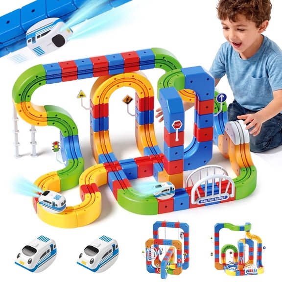 Electric Train Set for Kids, 173PCS 3D Cube Track-DIY Sets with 2 Electric Train, Traffic Signs, STEM Train Toys Birthday Gifts for Boys and Girls Age 3+ Years Old