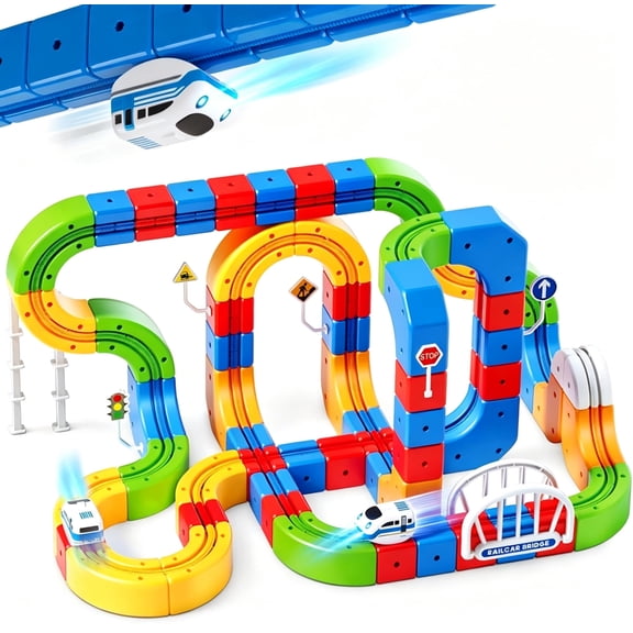 Electric Train Set for Kids, 3D Stem Electric Train Set with Train and Traffic Signs, 3D Racing Track Sets for Kids, 3+ Years Old Boys & Girls Birthday