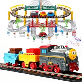 Electric Train Set for Kids Ages 4-8 with Train Tracks Set & Car Tracks Lights Up Bridge Road Sign Realistic Sound Train Track Accessories Playset Boy Toys Birthday 4 5 6 7 8+ Year Old