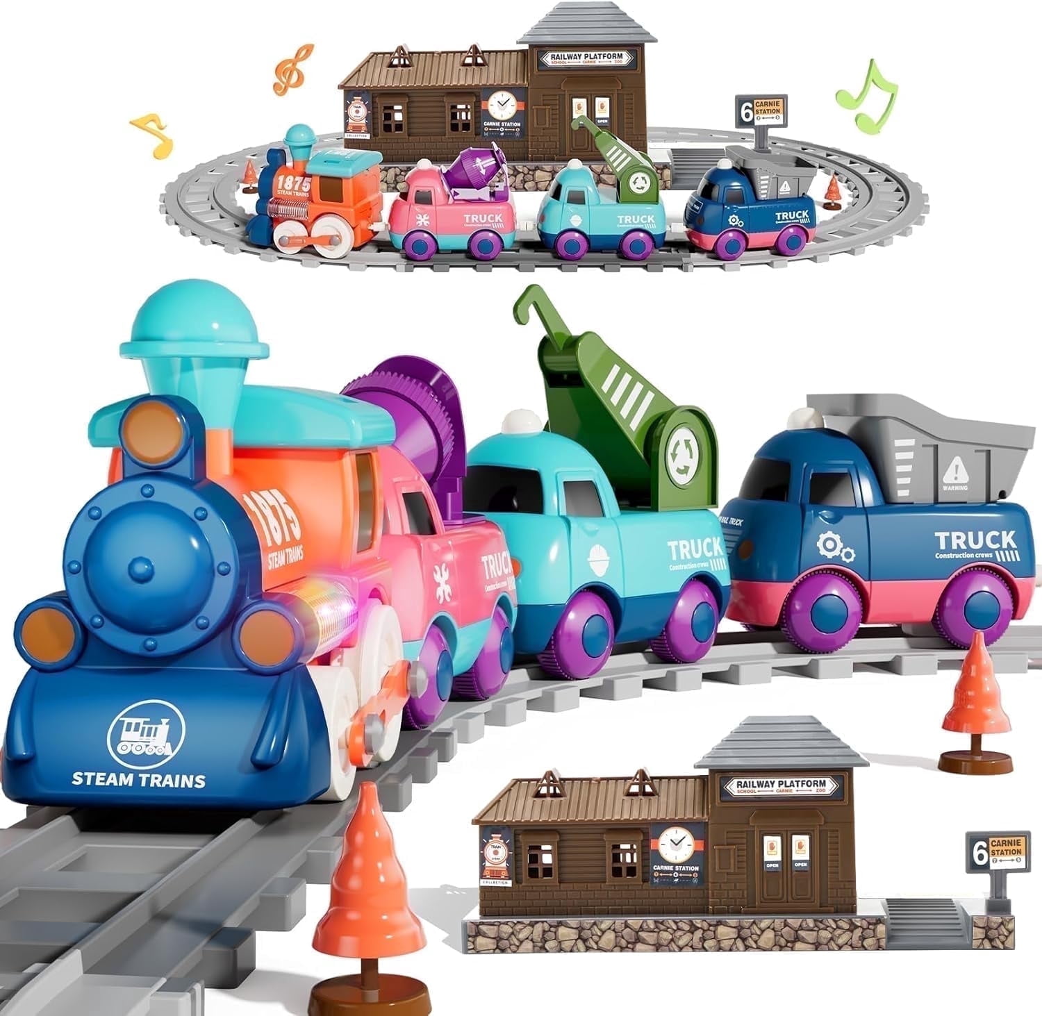 Electric Train Set for Toddlers 2-4, Magnetic Kids Trucks with Tracks, Toy Train with Light & Music, Birthday Gifts for 3-5 Years Old Boys Girls