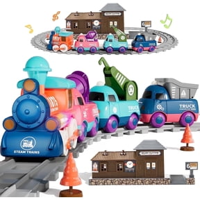 Electric Train Set for Toddlers 2-4, Magnetic Kids Trucks with Tracks, Toy Train with Light & Music, Birthday Gifts for 3-5 Years Old Boys Girls