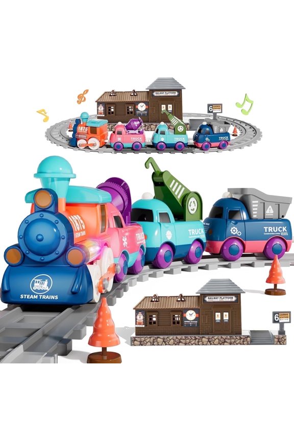 Electric Train Set for Toddlers 2-4, Magnetic Kids Trucks with Tracks, Toy Train with Light & Music, Birthday Gifts for 3-5 Years Old Boys Girls
