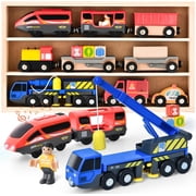 Electric Train Set Toys Wooden Magnetic Cars - Locomotive Auto Reverse/Park/Sound/Light, Gift for 3 4 5 6 Year Old Toddlers Kids Boys Truck Trains Toy, Compatible with Common Wooden Train Tracks