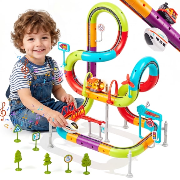 73PCS Electric Train Set for Kids, 3D DIY Train Race Track Set with Dual-Rail and 2 Rechargeable Vehicles, Gravity-Defying Race Car Track Toys Gift for Boys Girls Ages 3-8