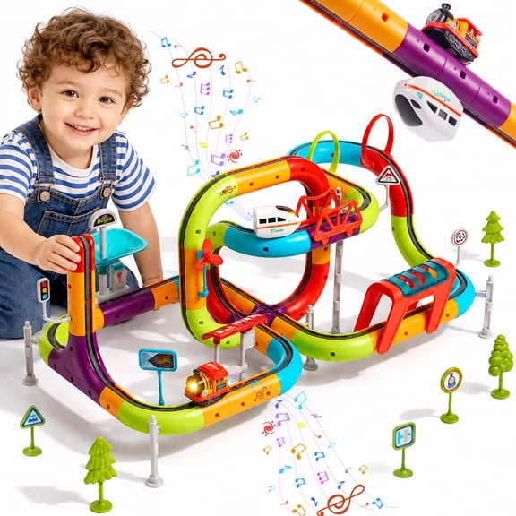 94PCS Electric Train Set for Kids, 3D DIY Train Race Track Set with Dual-Rail and 2 Rechargeable Vehicles, Gravity-Defying Race Car Track Toys Gift for Boys Girls Ages 3-8