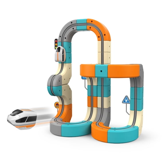 Electric Train Set with 3D Cubes Blocks, Snap-On Magic Blocks Building Track, Unique DIY Toys for Enhancing Creativity Family Interaction (82pcs)