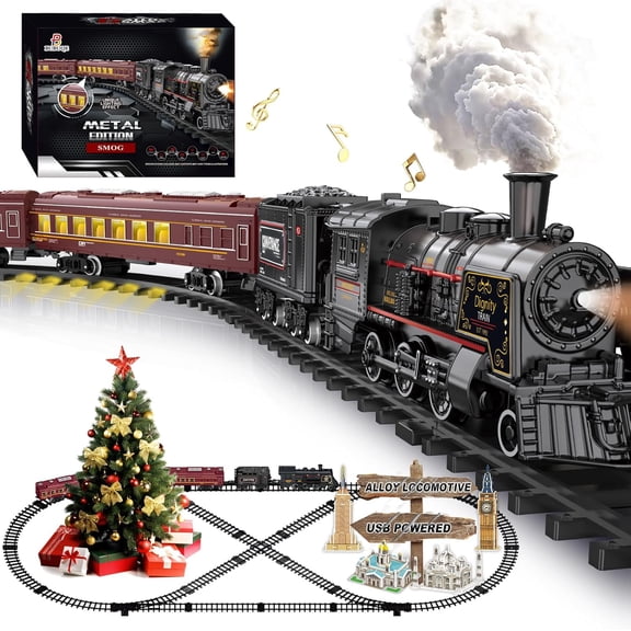 Electric Train Sets for Kids Metal Alloy Christmas Train Toys Steam Locomotive, Glowing Passenger Carriages, Luxury Tracks, Light & Sounds Rechargeable Birthday Gifts for Boys Girls Red