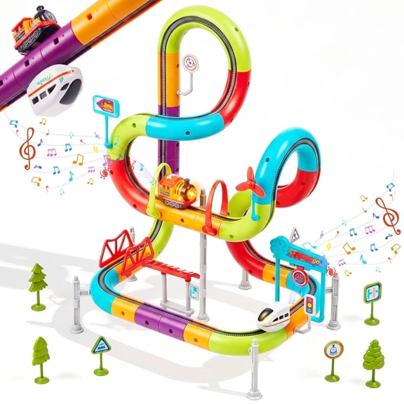 Electric Train Set for Kids, 73PCS Modular 3D Flexible Race Track, Gravity-Defying 360° STEM Toy with Rechargeable Trains, Light & Music Gift