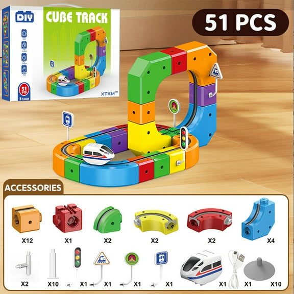 Electric Train Toys Set of 51 Pcs, 3D Snap-On Blocks Flexible Track, DIY Building Blocks Track for Enhancing Family Fun and Skills (Random Color )