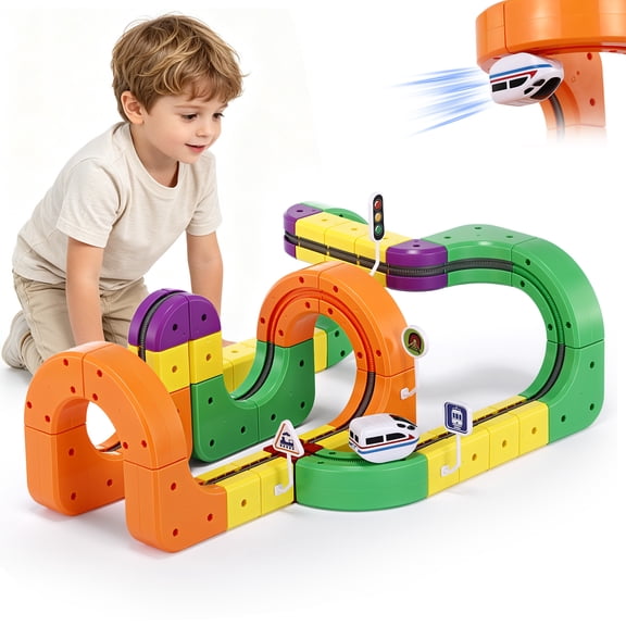 Electric Train Track Set for Kids(Gear style), 81PCS DIY Flexible Race Track Building Cube Toy Train with Traffic Signs, Christmas Birthday Gift for Kids Boys and Girls Aged 3-8