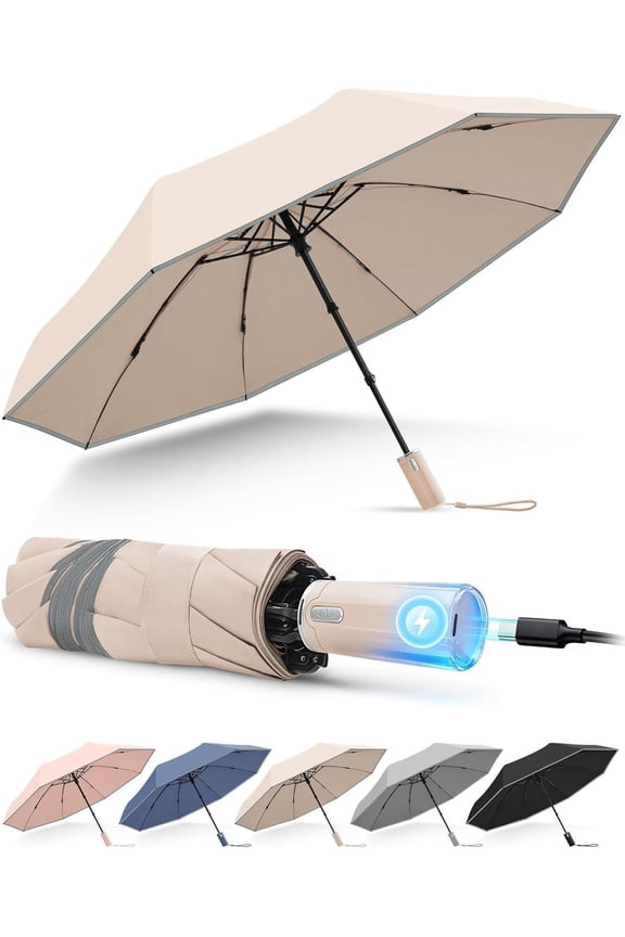 Electric Travel Umbrella with Intelligent Open Close, Rechargeable Umbrellas for Rain Windproof, Automatic Portable & Compact Umbrella with Reflective Stripe