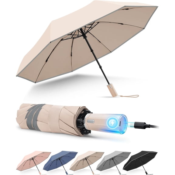 Electric Travel Umbrella with Intelligent Open Close, Rechargeable Umbrellas for Rain Windproof, Automatic Portable & Compact Umbrella with Reflective Stripe