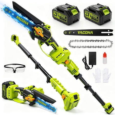 Yacona 2-in-1 Pole Saws for Tree Trimming, 8 Inch Electric Chainsaw Cordless, 21V Battery Powered Pruning Saw, 16FT Long Reach, Green