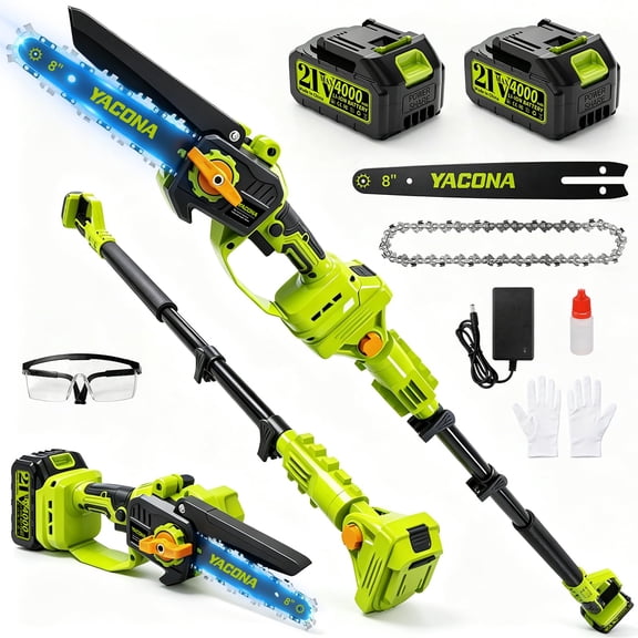 Yacona 2-in-1 Pole Saws for Tree Trimming, 8 Inch Electric Chainsaw Cordless, 21V Battery Powered Pruning Saw, 16FT Long Reach, Green