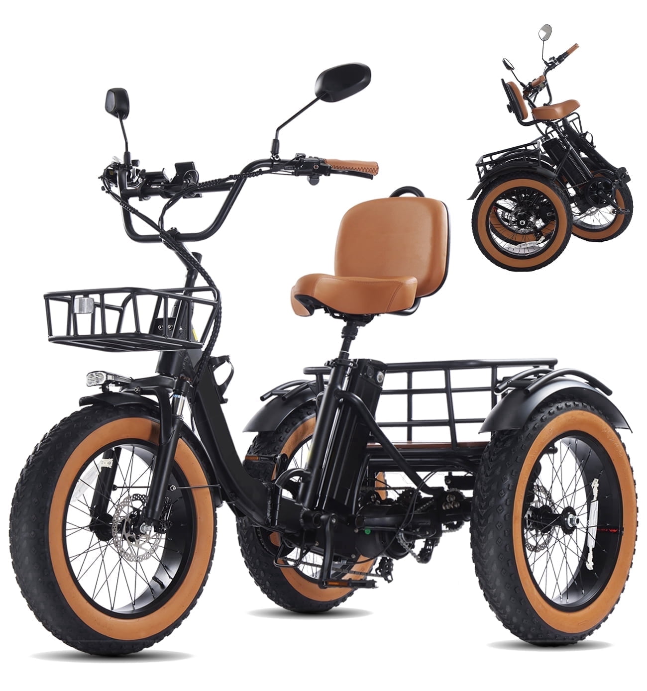 Electric Tricycle for Adult Folding Etrike Adult Electric 3 Wheels Bicycle Peak 1350W Motor Aluminum Frame 48V15.6AH Lithium Battery 20×4.0" Fat Tire & Rear Differential