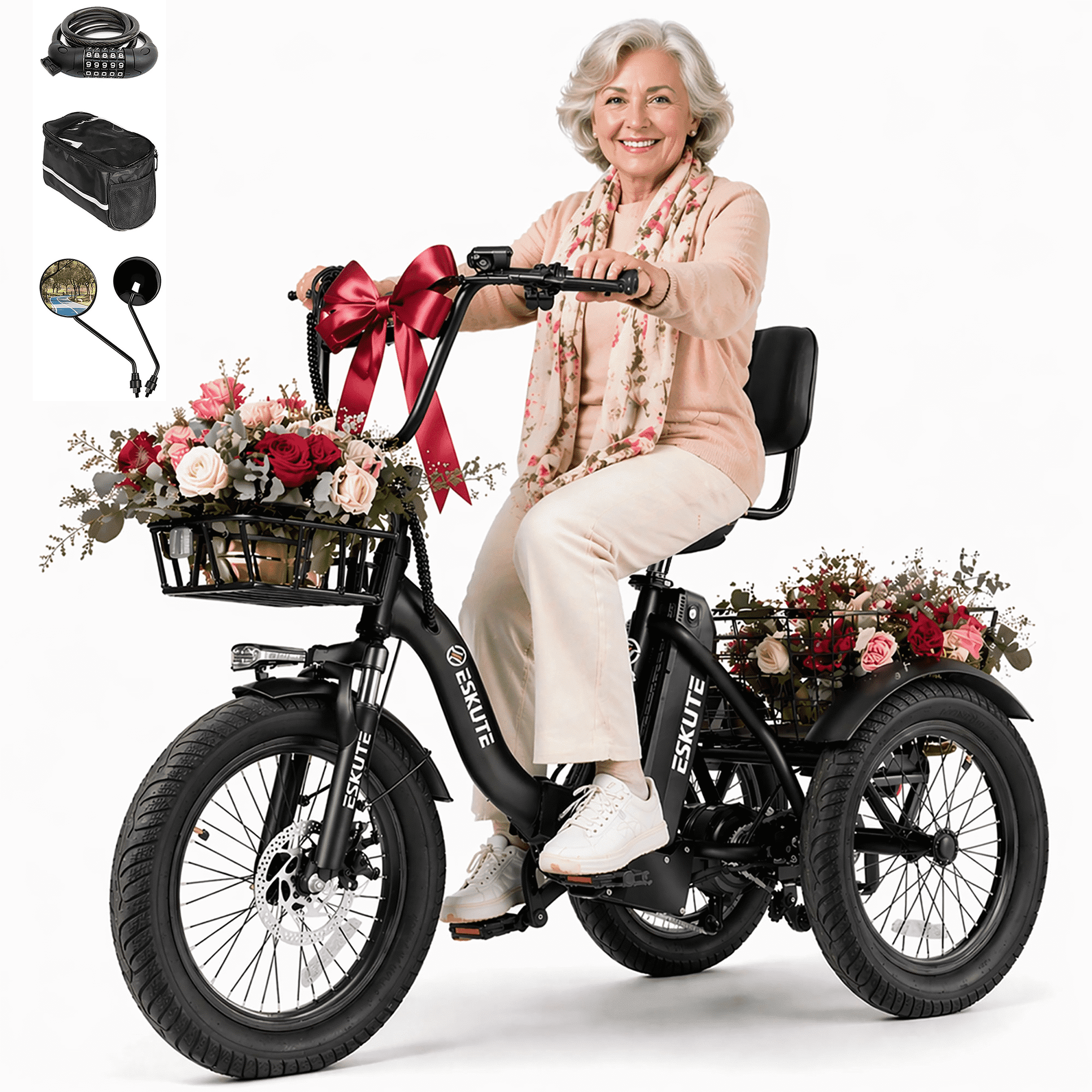 ESKUTE Electric Tricycle for Adults, 1200W Peak Motor, Range, 624Wh Removable Battery, Folding 3-Wheel Ebike with 18x3.0 Fat Tires, Step-Through Black with Phonebag & Mirror & Lock, UL2849