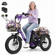 ESKUTE Electric Tricycle for Adults, 750W Motor18 MPH, 624Wh Removable Battery, Folding 3-Wheel Ebike with 18x3.0 Fat Tires, Step-Through Purple with Phonebag & Mirror & Lock, UL2849