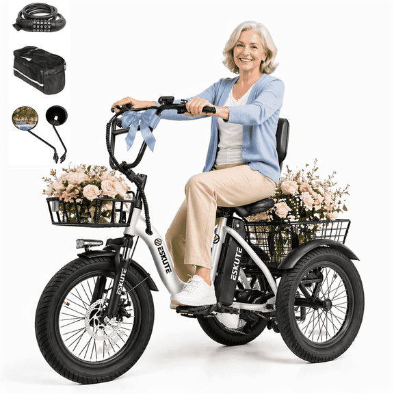 ESKUTE Electric Tricycle for Adults, 1200W Peak Motor, Range, 624Wh Removable Battery, Folding 3-Wheel Ebike with 18x3.0 Fat Tires, Step-Through White with Phonebag & Mirror & Lock, UL2849
