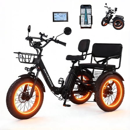MENGFANMIN Electric Tricycle for Adults,Folding 20”x4.0”Fat Tire Electric Trike,Peak 1350W 3 Wheel Ebike,48V15Ah Battery,with Rear Seat,Basket